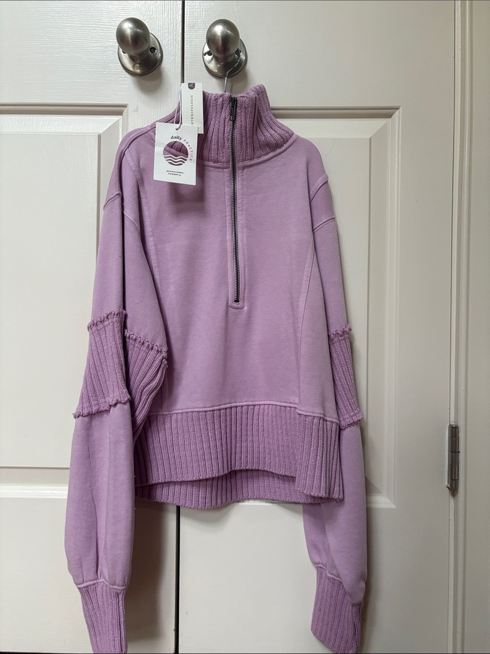 Women's Lavender Half-Zip Ribbed Mock-Neck Pullover Sweater